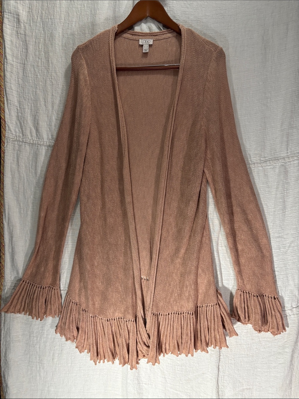 LOGO Lori Goldstein Cotton Dusty Rose Mauve Fringe Open Cardigan XL Whimsigoth